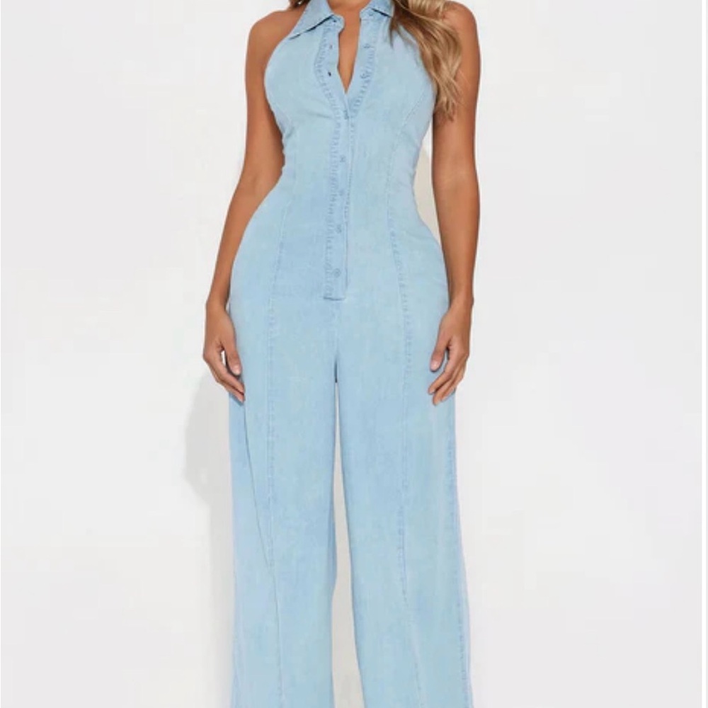 Fashion Nova Light Blue Denim Halter Jumpsuit